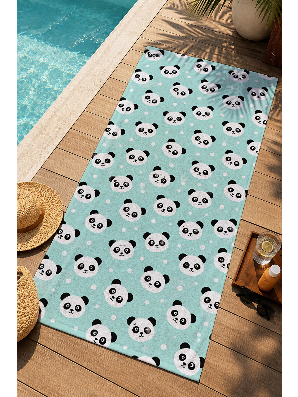 Sevimli Panda Mint Yeşili Tekrarlı Desenli 70x150 Plaj Havlusu - Dijital Baskılı Banyo Havlusu-3