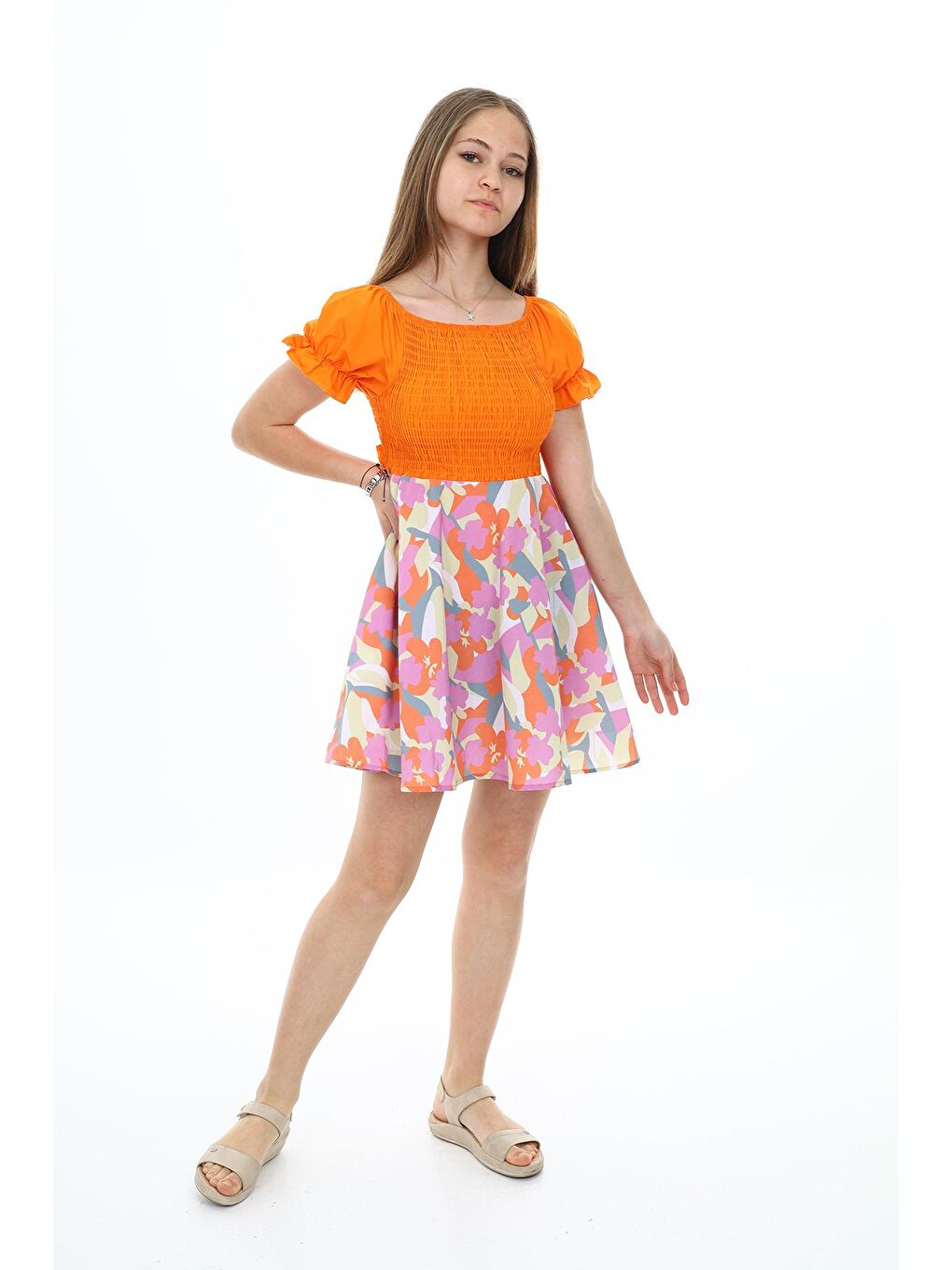 Turuncu Kız Çocuk Yaz Renkleri Desenli -Büzgü Detaylı Elbise 6-13 Yaş 9281-1
