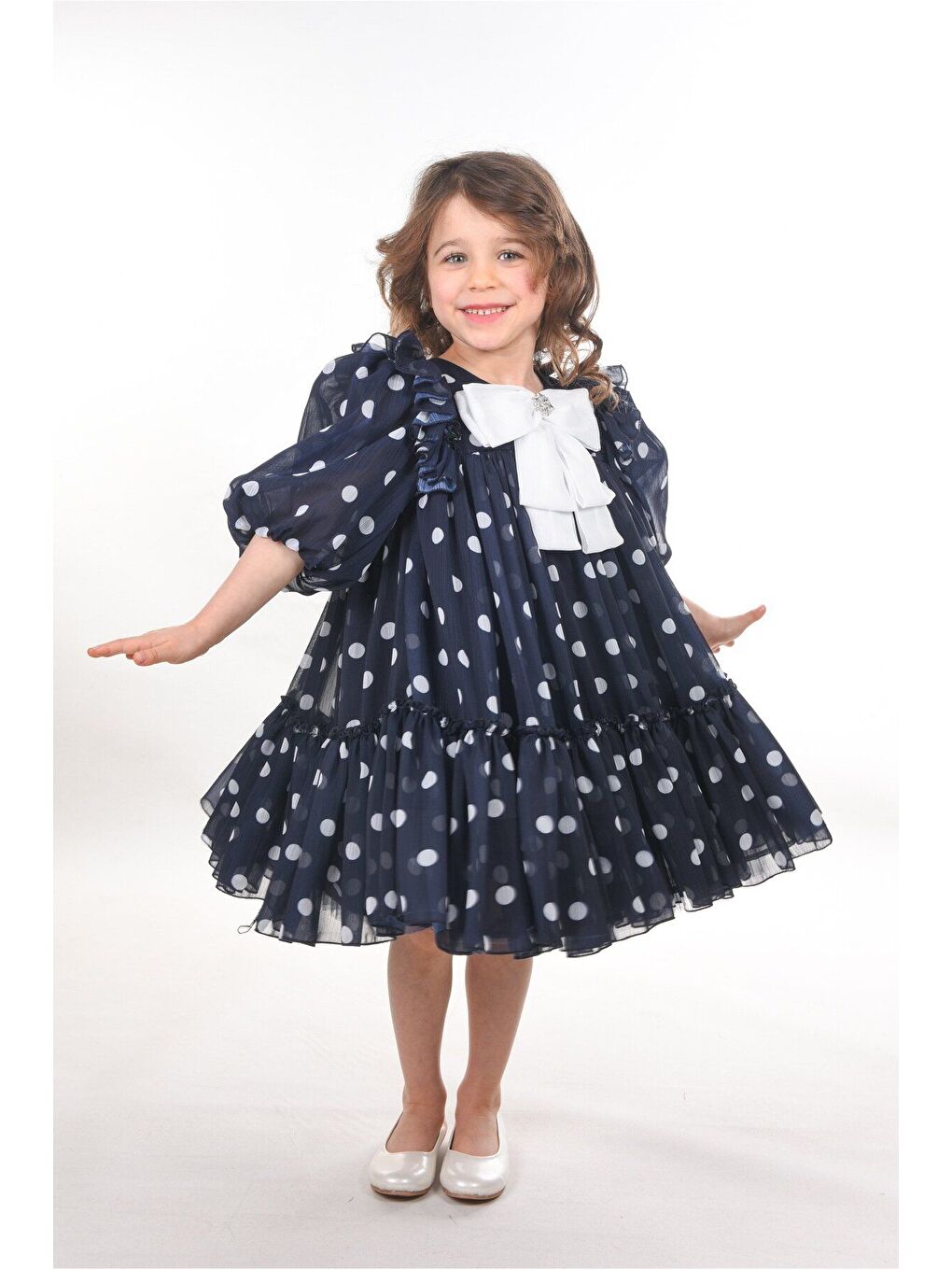 Lacivert Fiyonklu ve Puantiyeli Kız Çocuk Kabarık Elbise_M2438-4