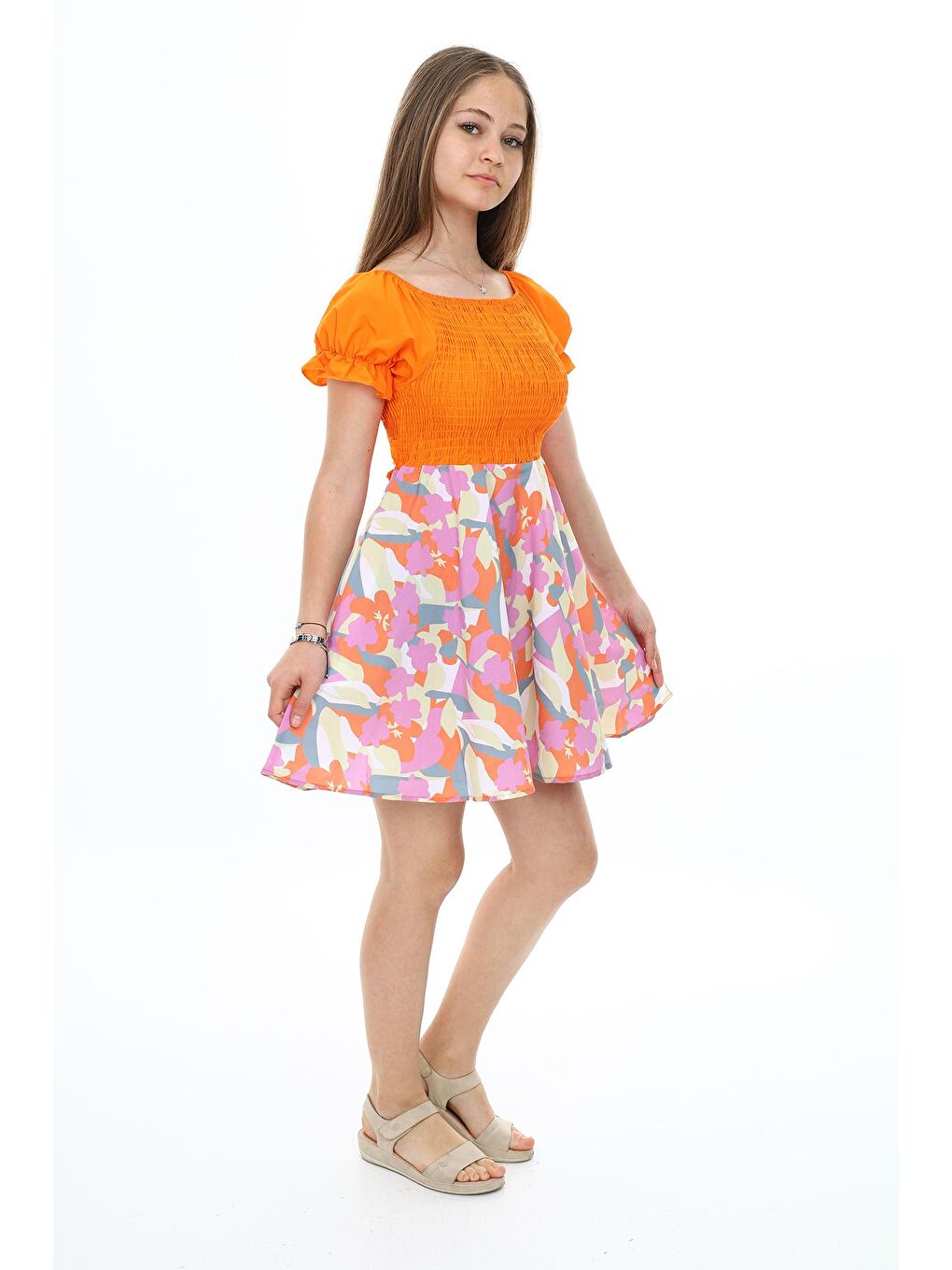 Turuncu Kız Çocuk Yaz Renkleri Desenli -Büzgü Detaylı Elbise 6-13 Yaş 9281-2