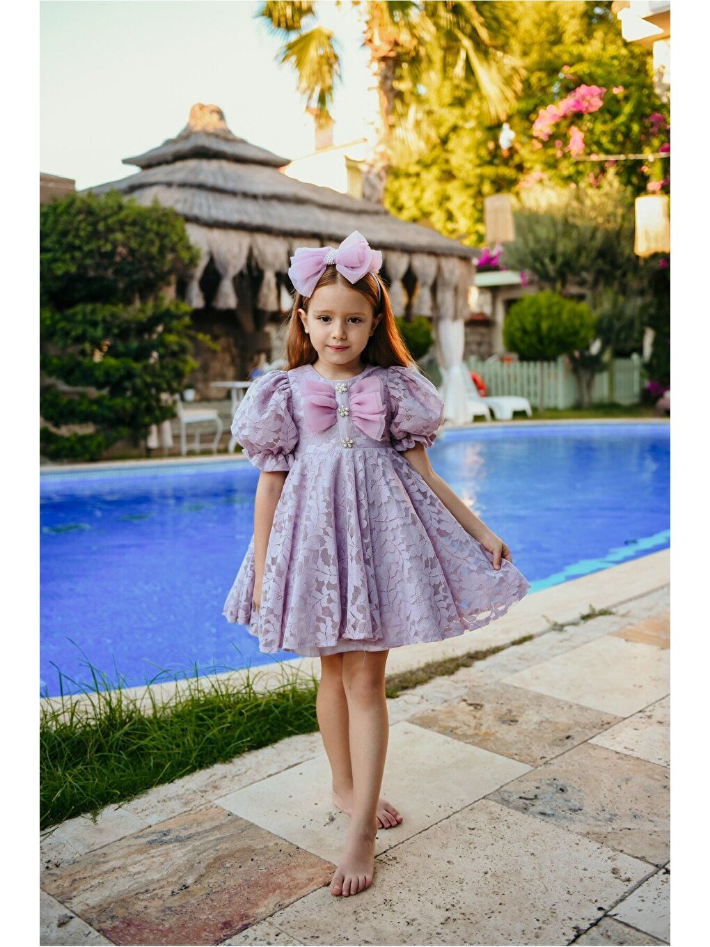 Lila Fiyonklu ve Kabarık Kollu Prenses Model Dantel İşlemeli Çocuk Abiye Elbise_M2450-1