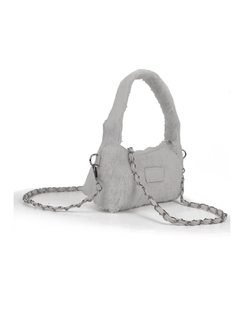 Gri Kadın Peluş Tüylü Deri Zincir Örgü Omuz Askılı Puufi Salaş Mini Baget El Ve Omuz Çantası (20784)