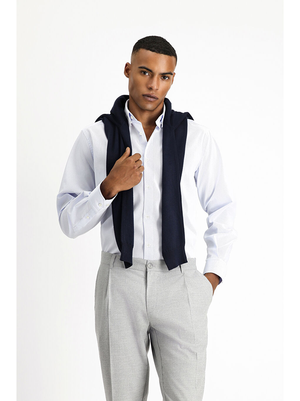 Mavi Uzun Kol Klasik Non Iron Desenli Pamuklu Düğmeli Yaka Gömlek-1