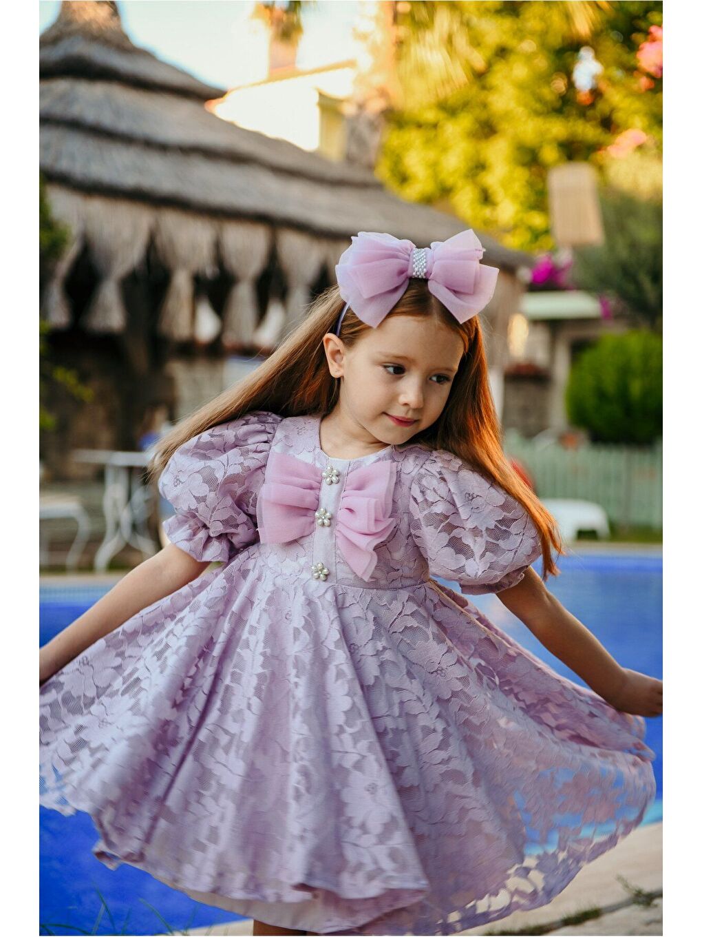 Lila Fiyonklu ve Kabarık Kollu Prenses Model Dantel İşlemeli Çocuk Abiye Elbise_M2450-3