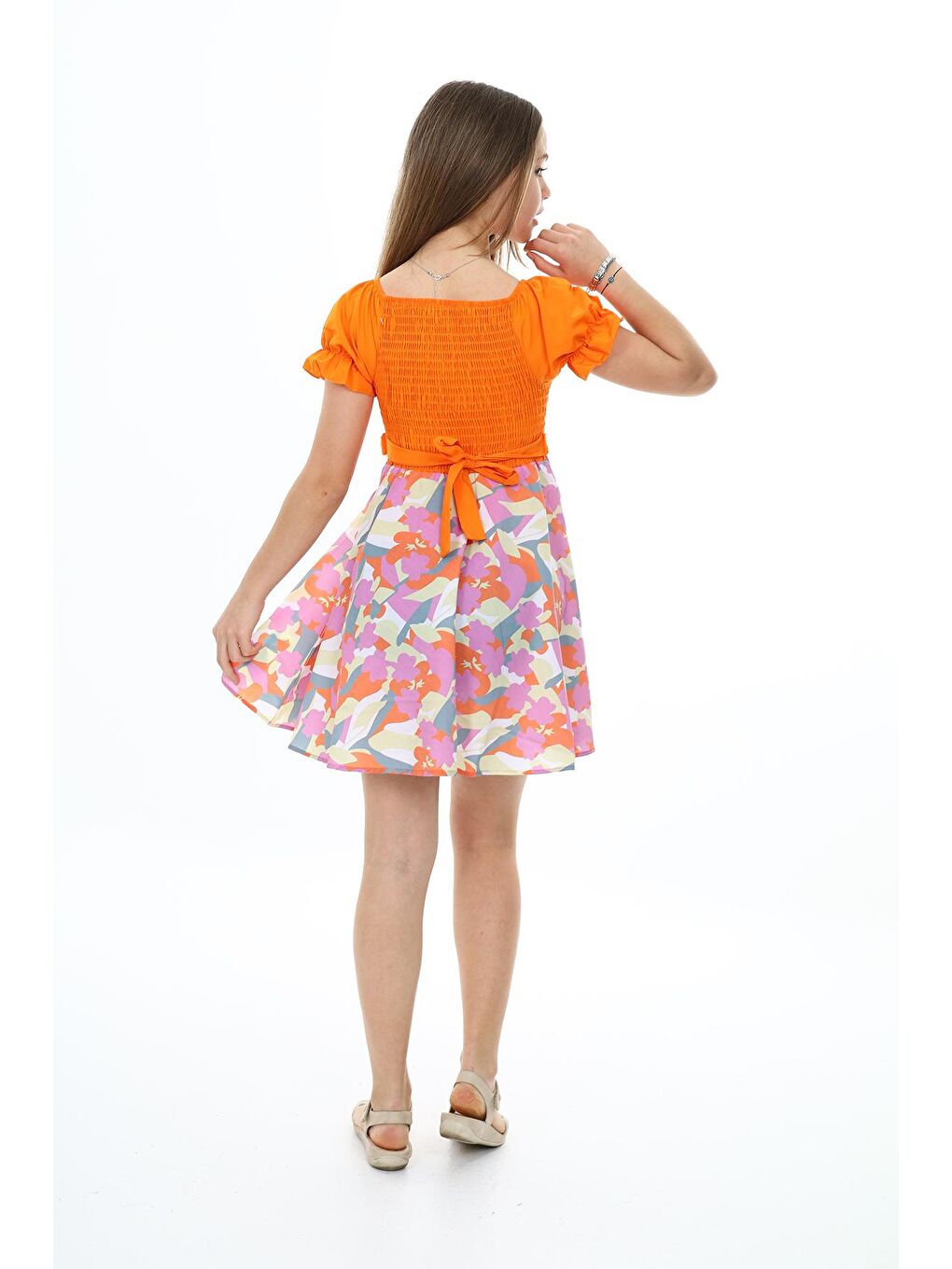 Turuncu Kız Çocuk Yaz Renkleri Desenli -Büzgü Detaylı Elbise 6-13 Yaş 9281-3