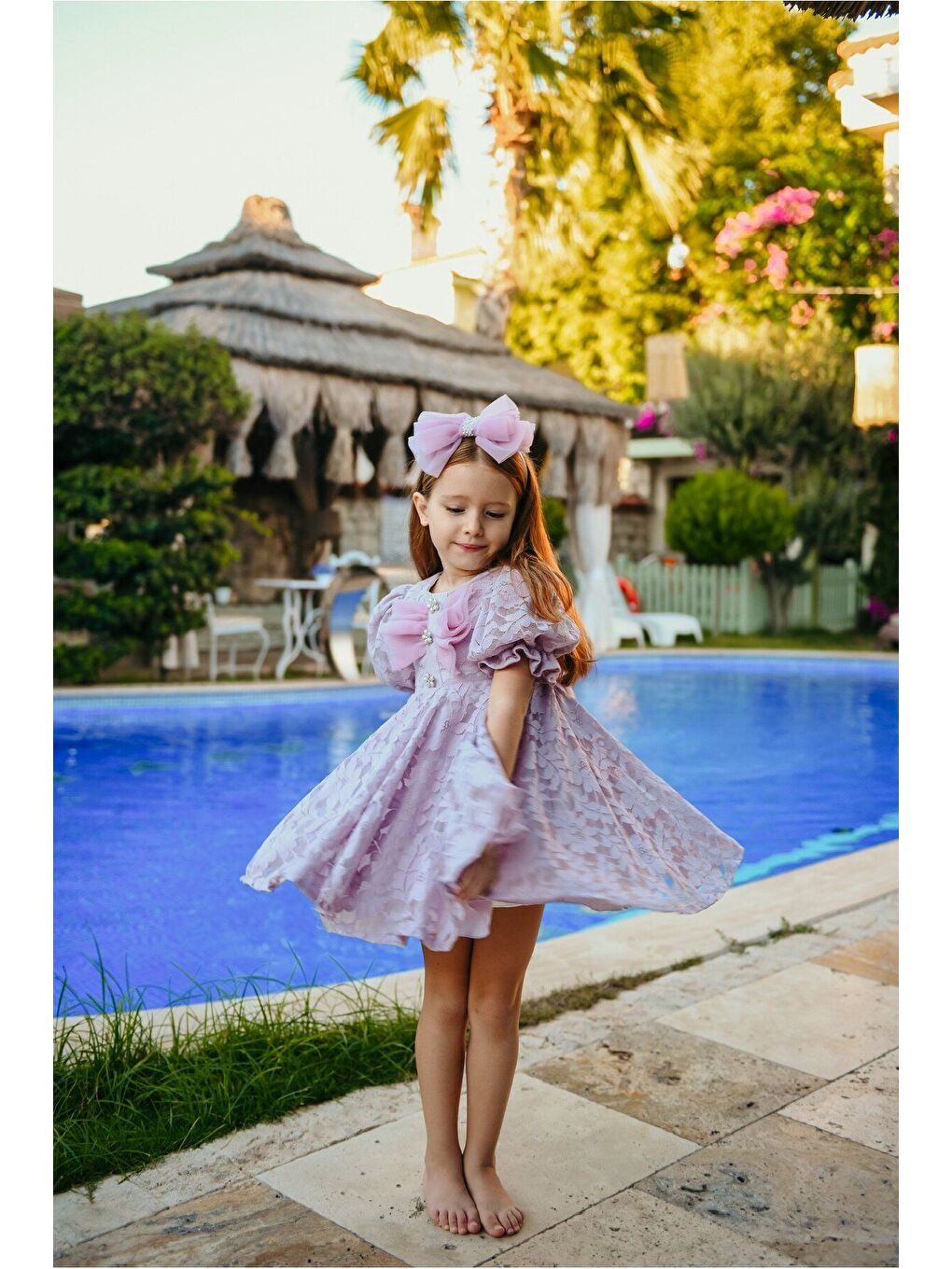 Lila Fiyonklu ve Kabarık Kollu Prenses Model Dantel İşlemeli Çocuk Abiye Elbise_M2450-4