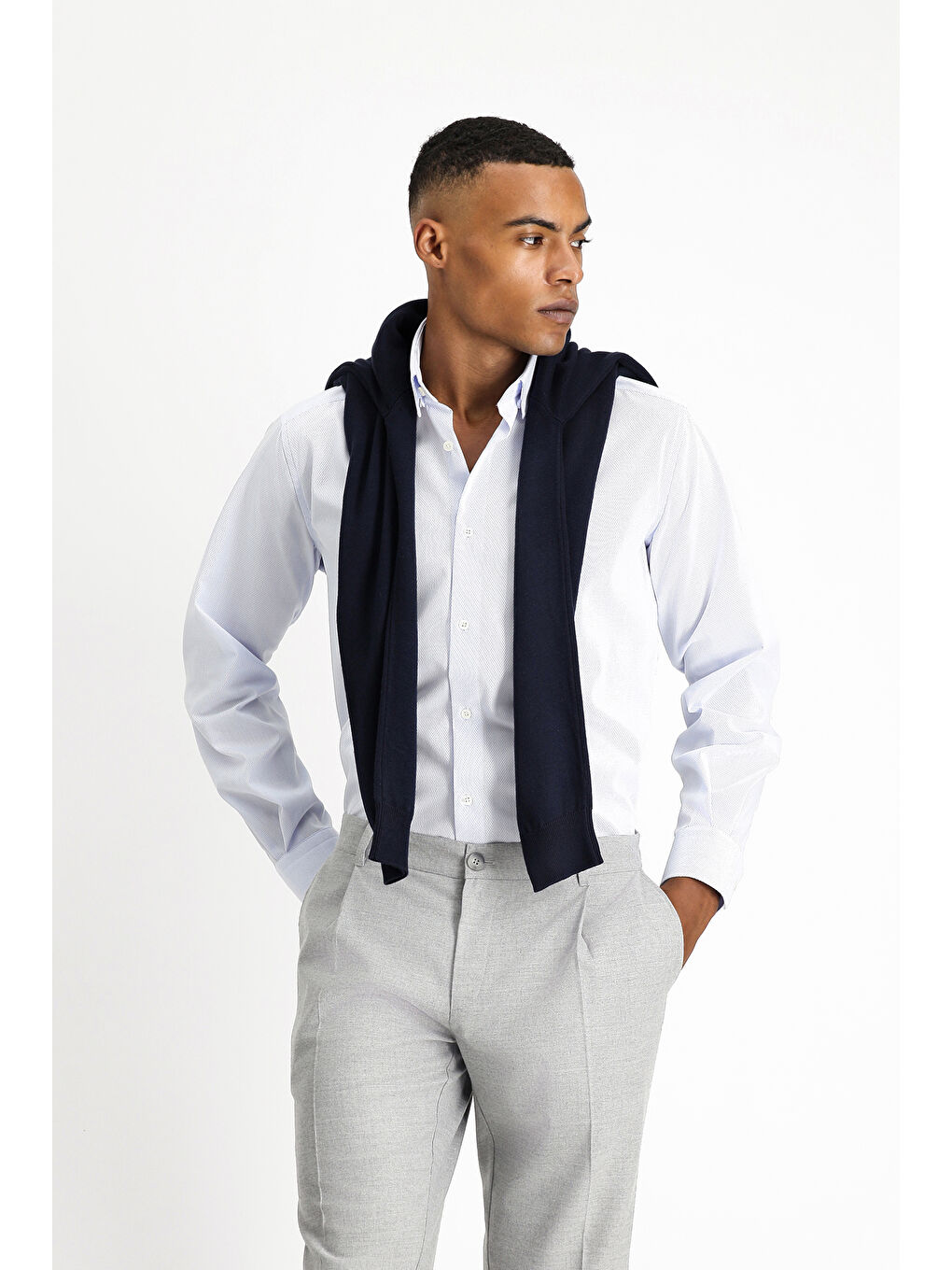 Mavi Uzun Kol Klasik Non Iron Desenli Pamuklu Düğmeli Yaka Gömlek-2