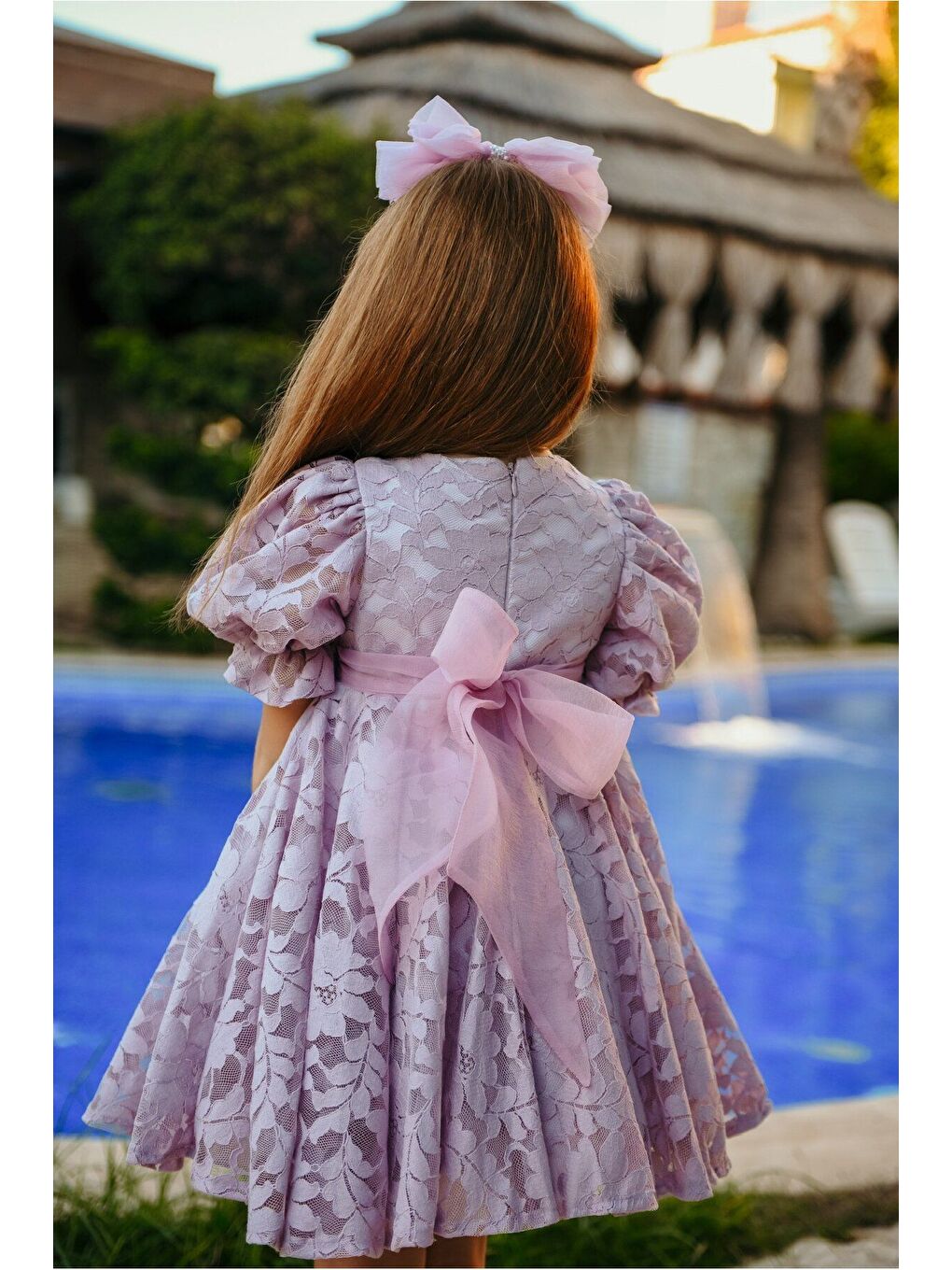 Lila Fiyonklu ve Kabarık Kollu Prenses Model Dantel İşlemeli Çocuk Abiye Elbise_M2450-5