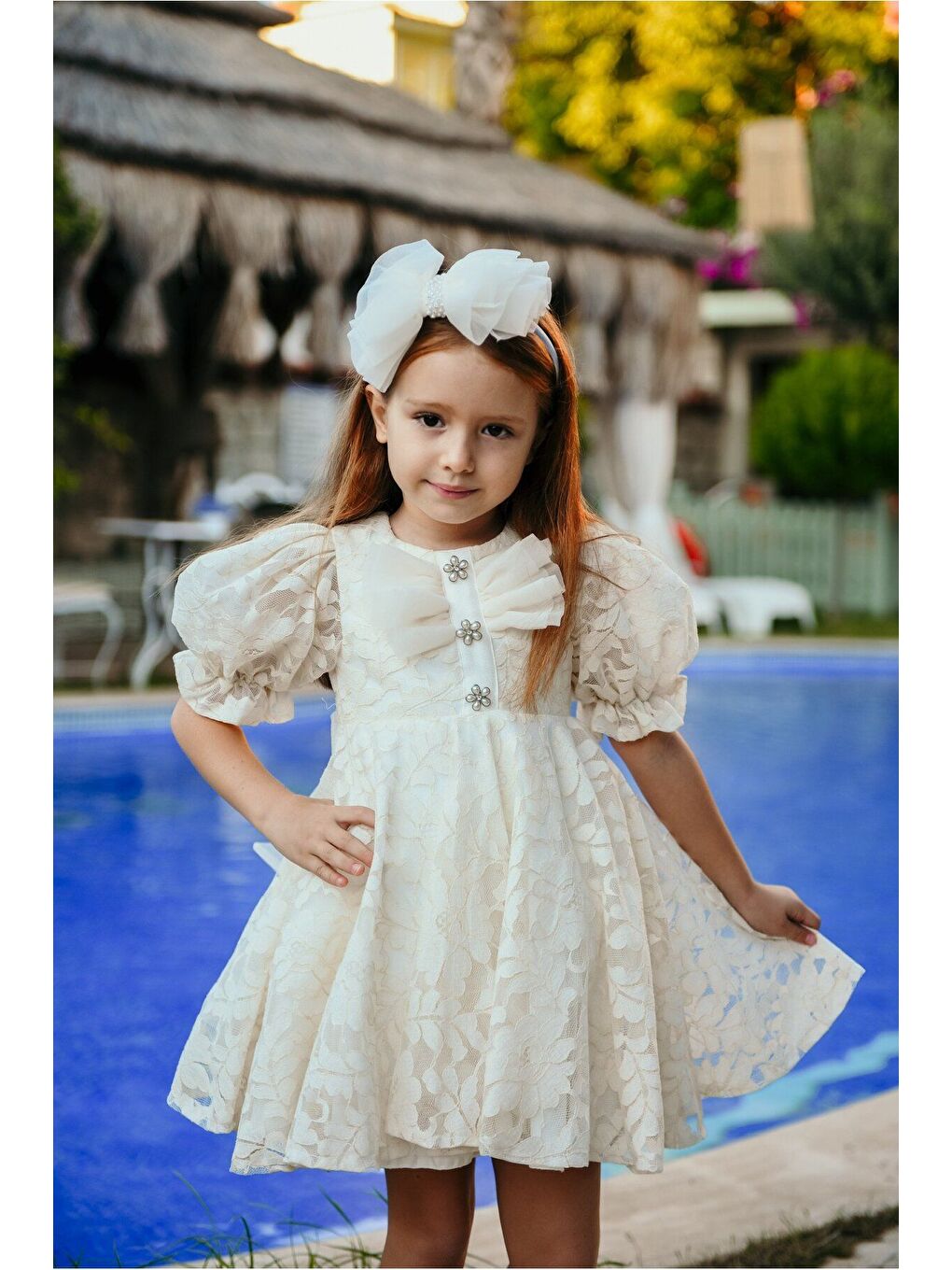 Ekru Fiyonklu ve Kabarık Kollu Prenses Model Dantel İşlemeli Çocuk Abiye Elbise_M2450-1