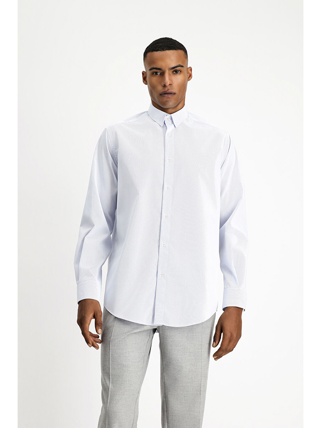 Mavi Uzun Kol Klasik Non Iron Desenli Pamuklu Düğmeli Yaka Gömlek-3