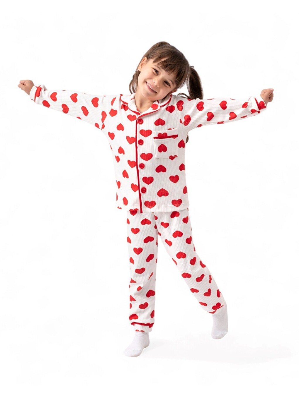 Lila Kız 6-9-12-18-24 Aylık Kalp Baskılı, Kruvaze Yakalı Mevsimlik Düğmeli Gecelik Pijama Takımı-6