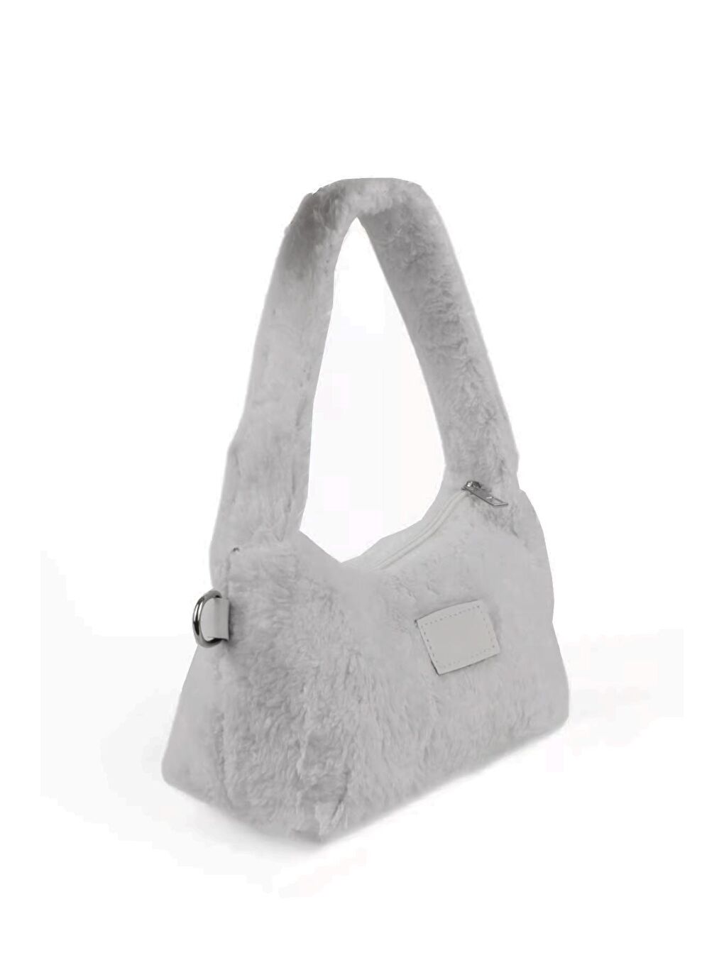 Gri Kadın Peluş Tüylü Deri Zincir Örgü Omuz Askılı Puufi Salaş Mini Baget El Ve Omuz Çantası (20784)-1