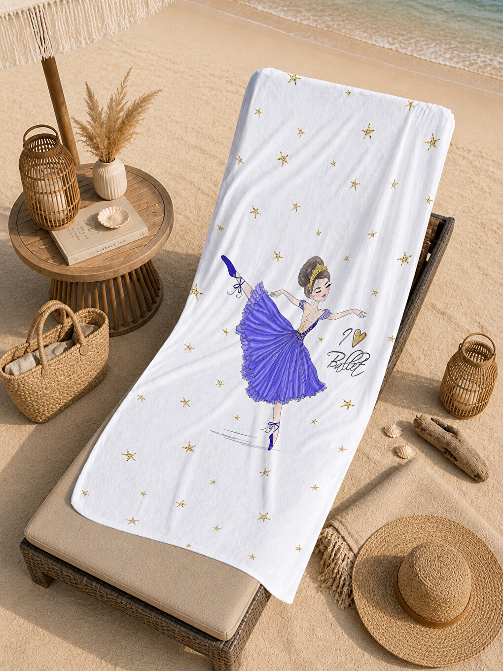 Masalsı Mor Elbiseli Kız Kelebek Yıldızlı Desenli 70x150 Plaj Havlusu - Pamuklu Banyo Havlusu