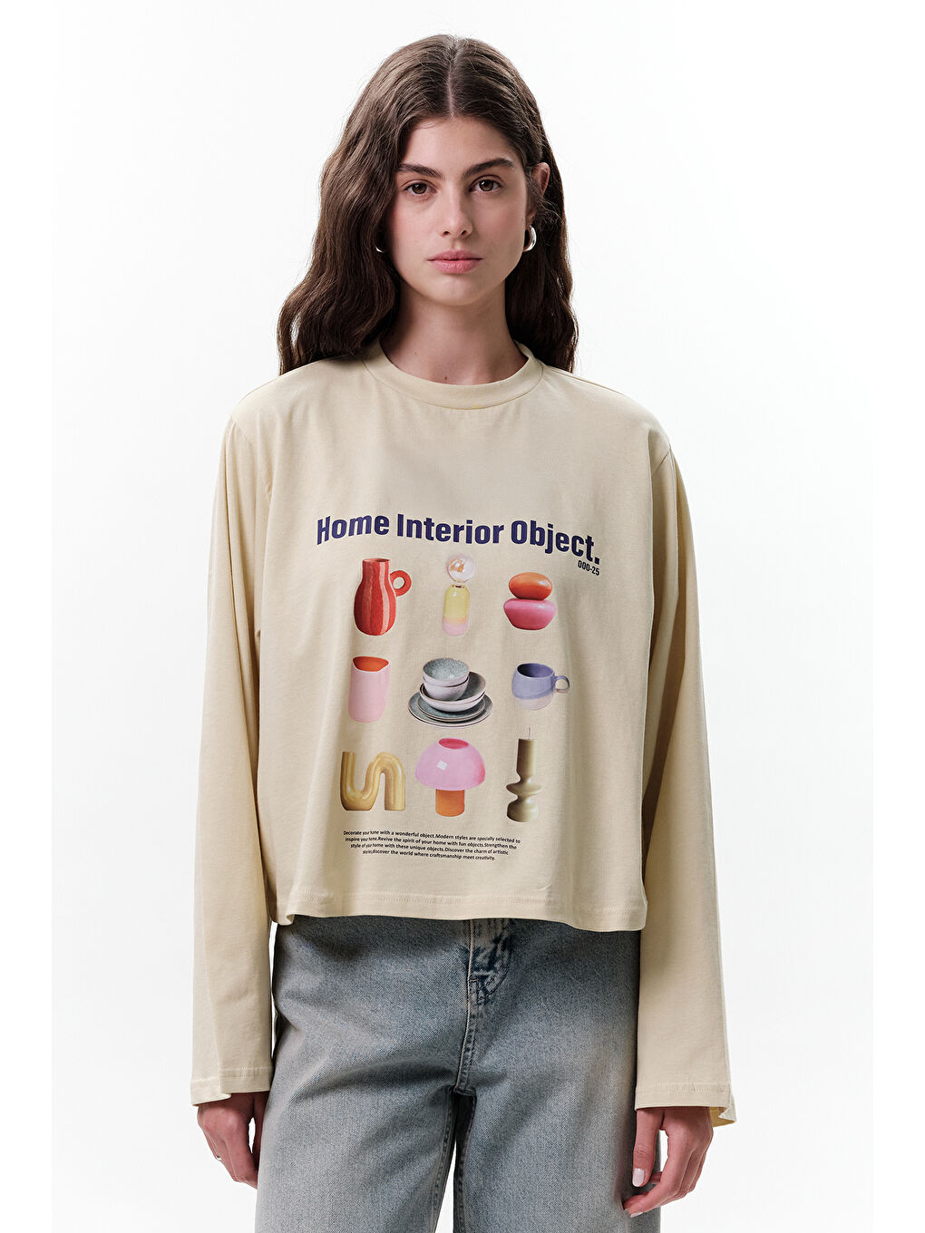 Sarı Baskılı Crop Uzun Kol T-Shırt Objeckt-5