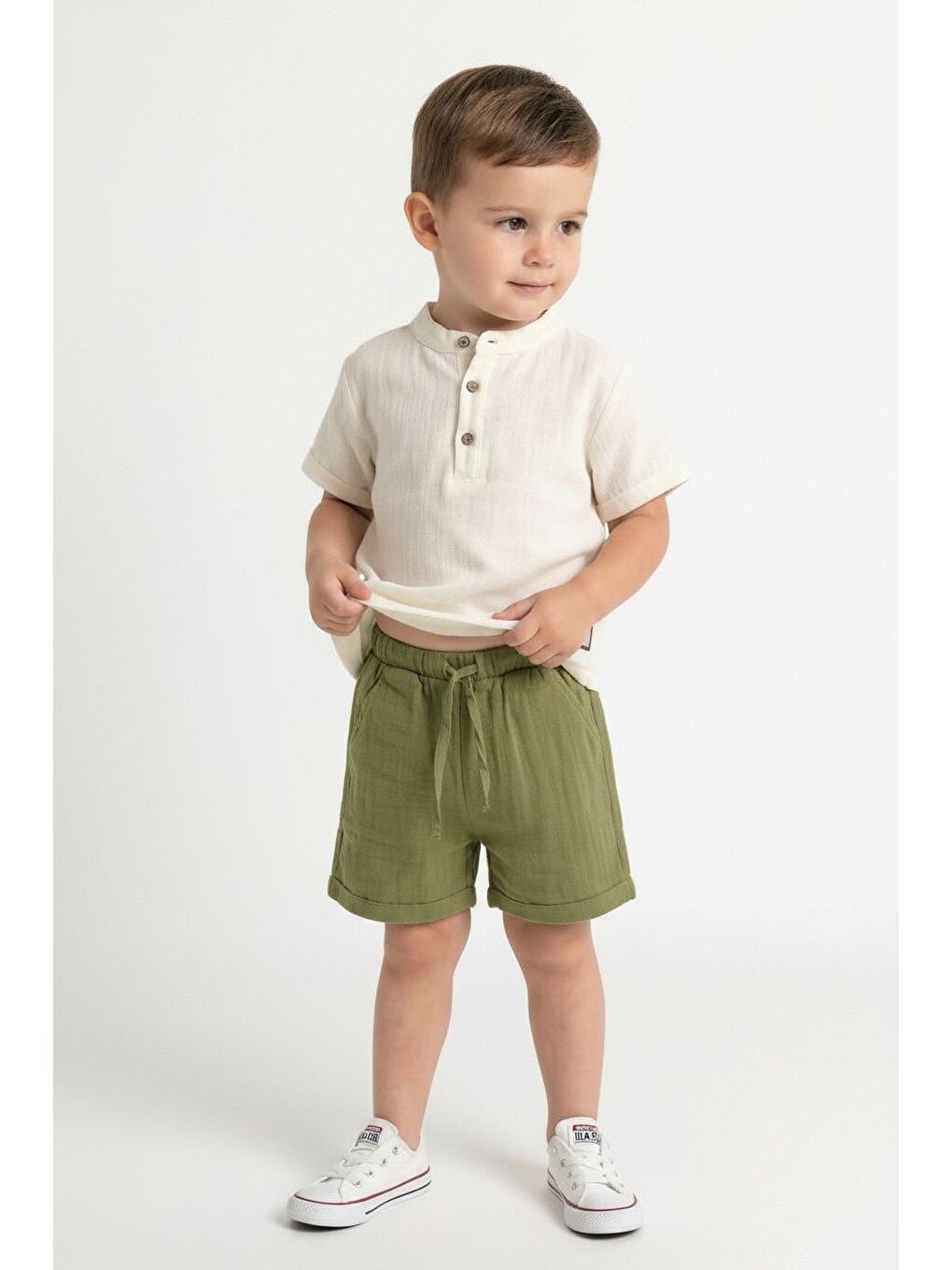 Yeşil Müslin Bis.Yaka Şortlu Takım-1