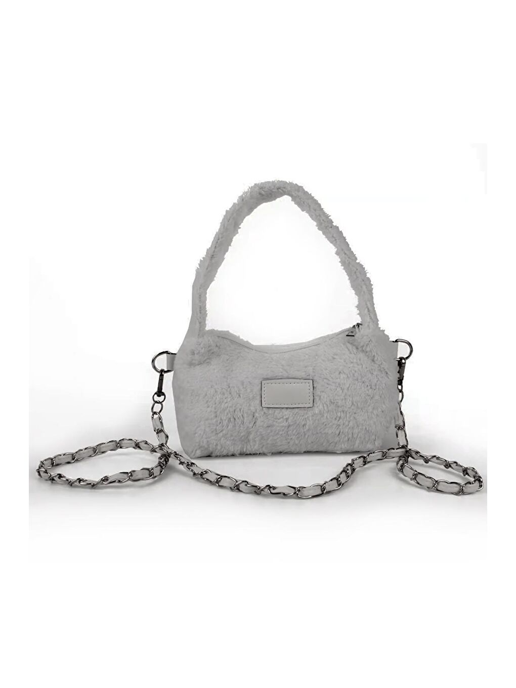 Gri Kadın Peluş Tüylü Deri Zincir Örgü Omuz Askılı Puufi Salaş Mini Baget El Ve Omuz Çantası (20784)-2