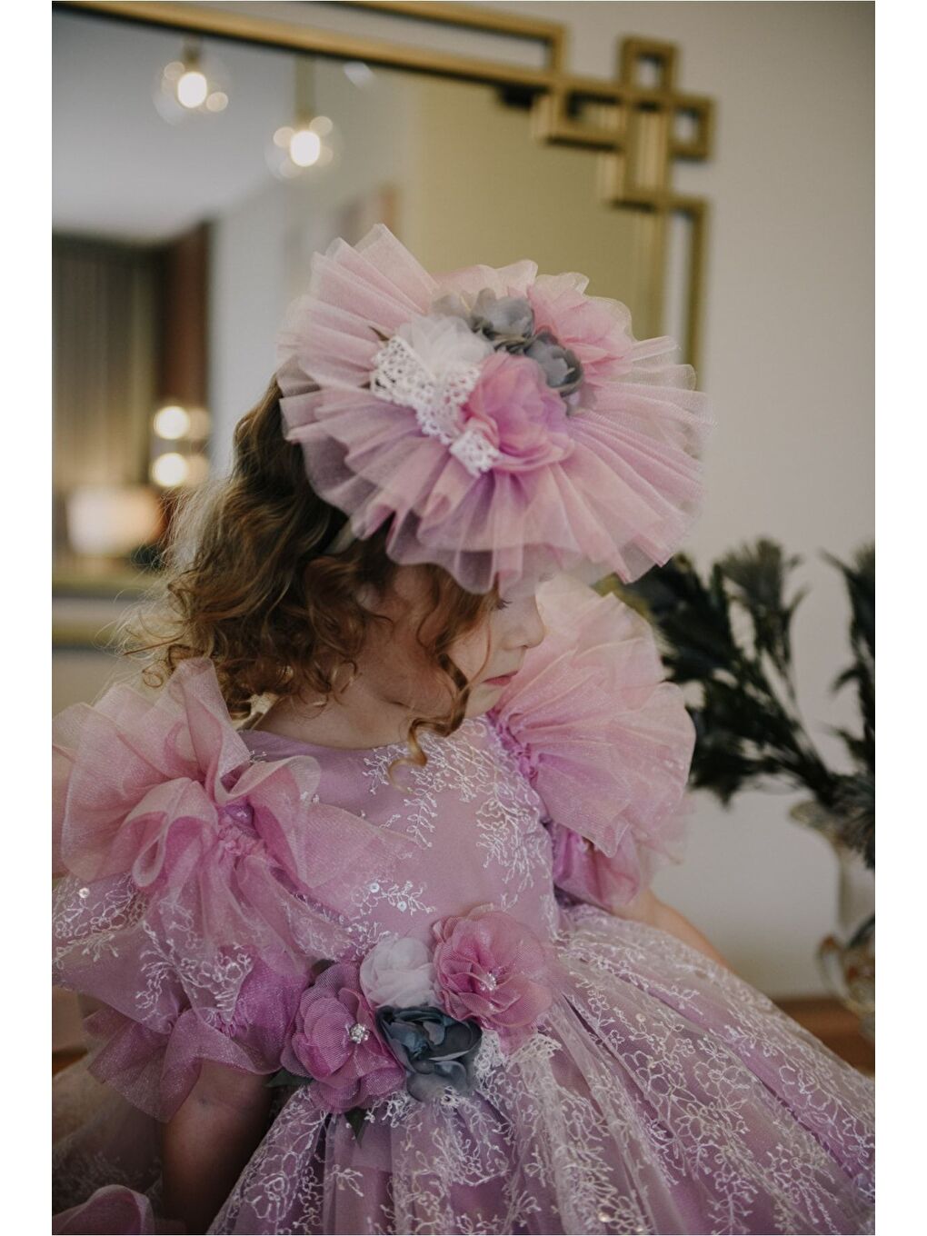 Pembe Kız Çocuk Taç Aksesuarlı Prenses Elbisesi-1