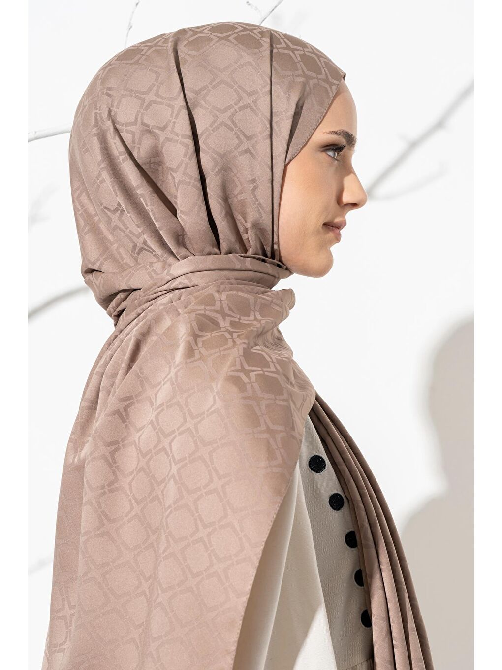 Kahverengi Kadın Geometrik Desen Jakarlı Şal-3