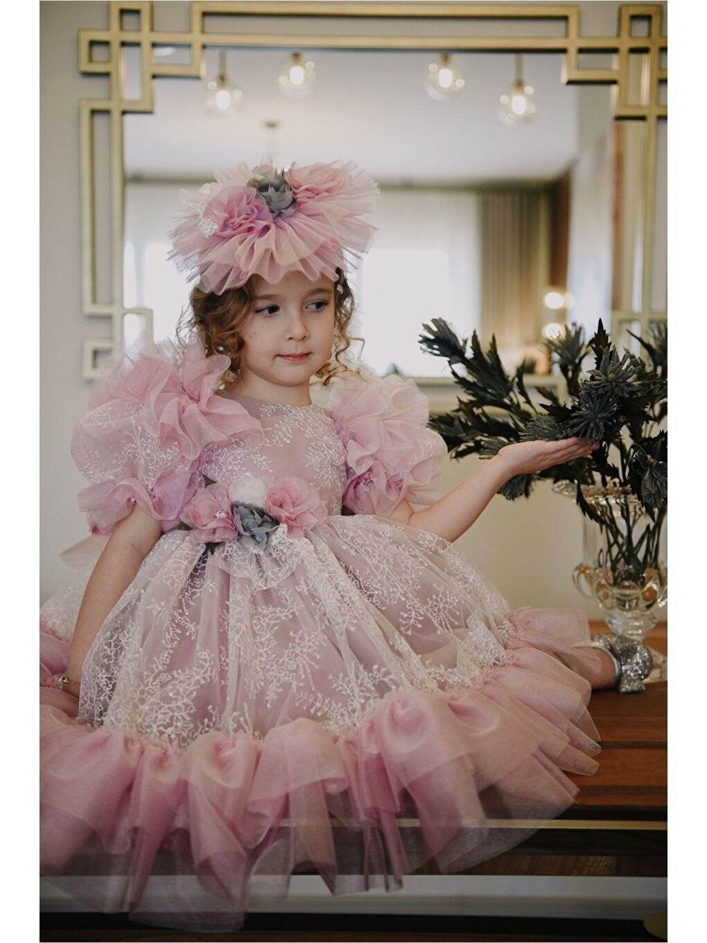 Pembe Kız Çocuk Taç Aksesuarlı Prenses Elbisesi-4