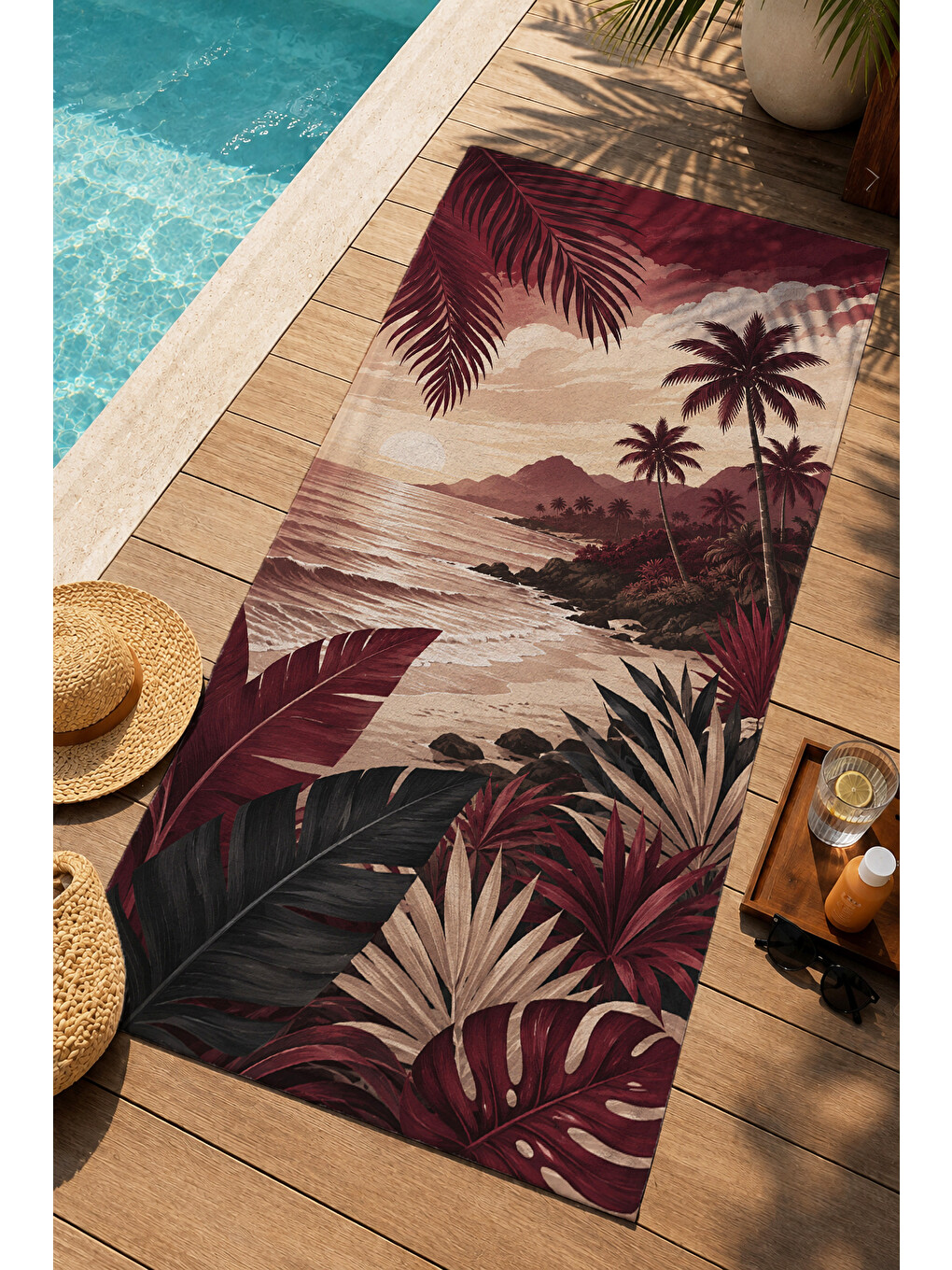 Retro Bordo Tropikal Palmiye Akşam Işığı Sahil Desenli 70x150 Plaj Havlusu - Pamuklu Banyo Havlusu-1