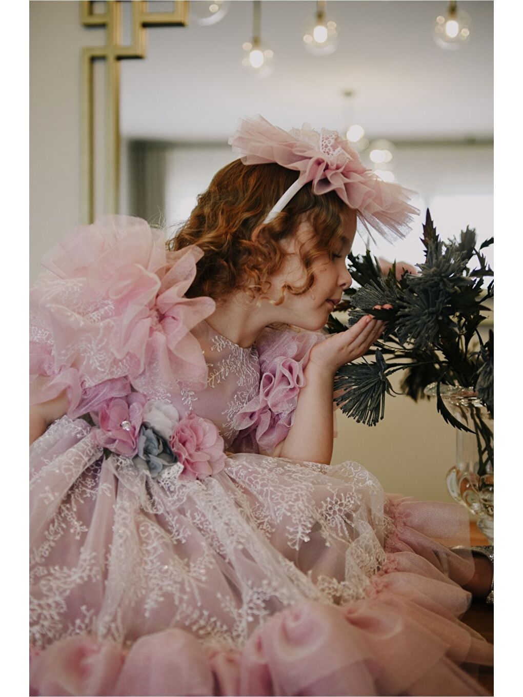 Pembe Kız Çocuk Taç Aksesuarlı Prenses Elbisesi-5