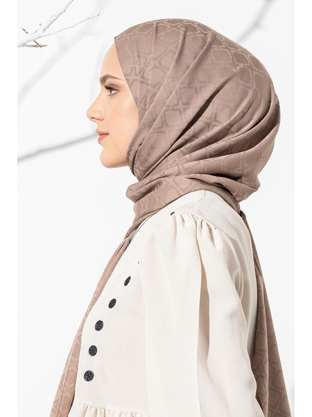 Kahverengi Kadın Geometrik Desen Jakarlı Şal-4