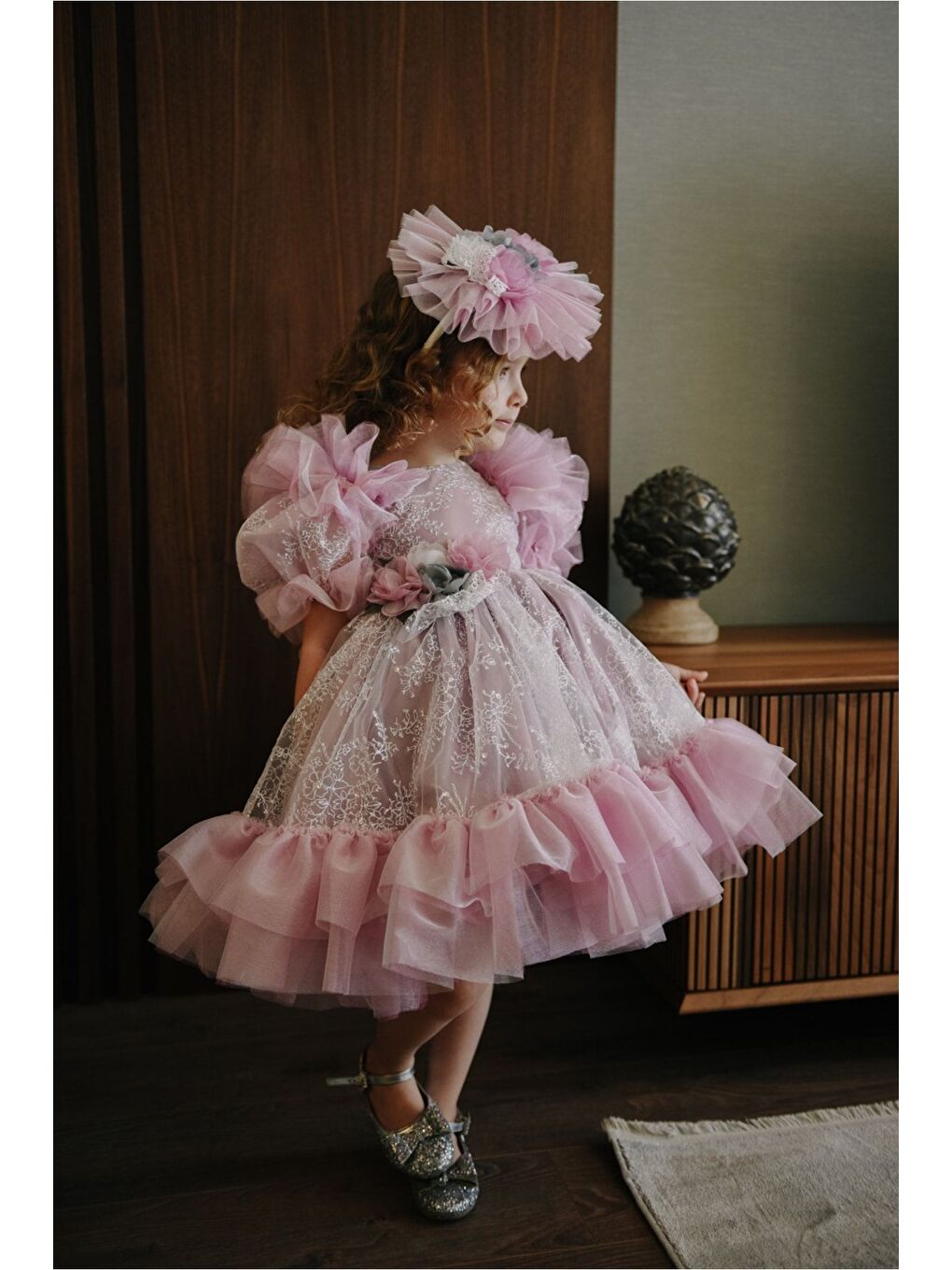 Pembe Kız Çocuk Taç Aksesuarlı Prenses Elbisesi-6