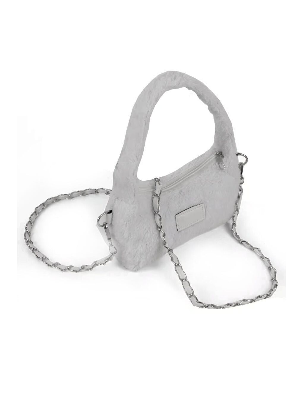 Gri Kadın Peluş Tüylü Deri Zincir Örgü Omuz Askılı Puufi Salaş Mini Baget El Ve Omuz Çantası (20784)-3