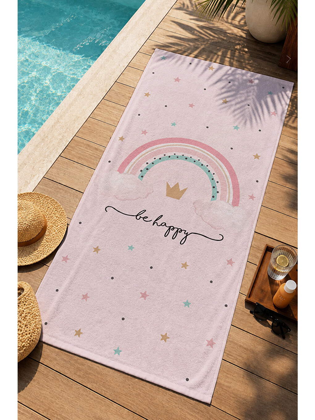 Pembe Pastel Renkli Renk Kemeri Yıldız Kalp Bulutlu Desenli 70x150 Plaj Havlusu - Pamuklu Banyo Havlusu-3
