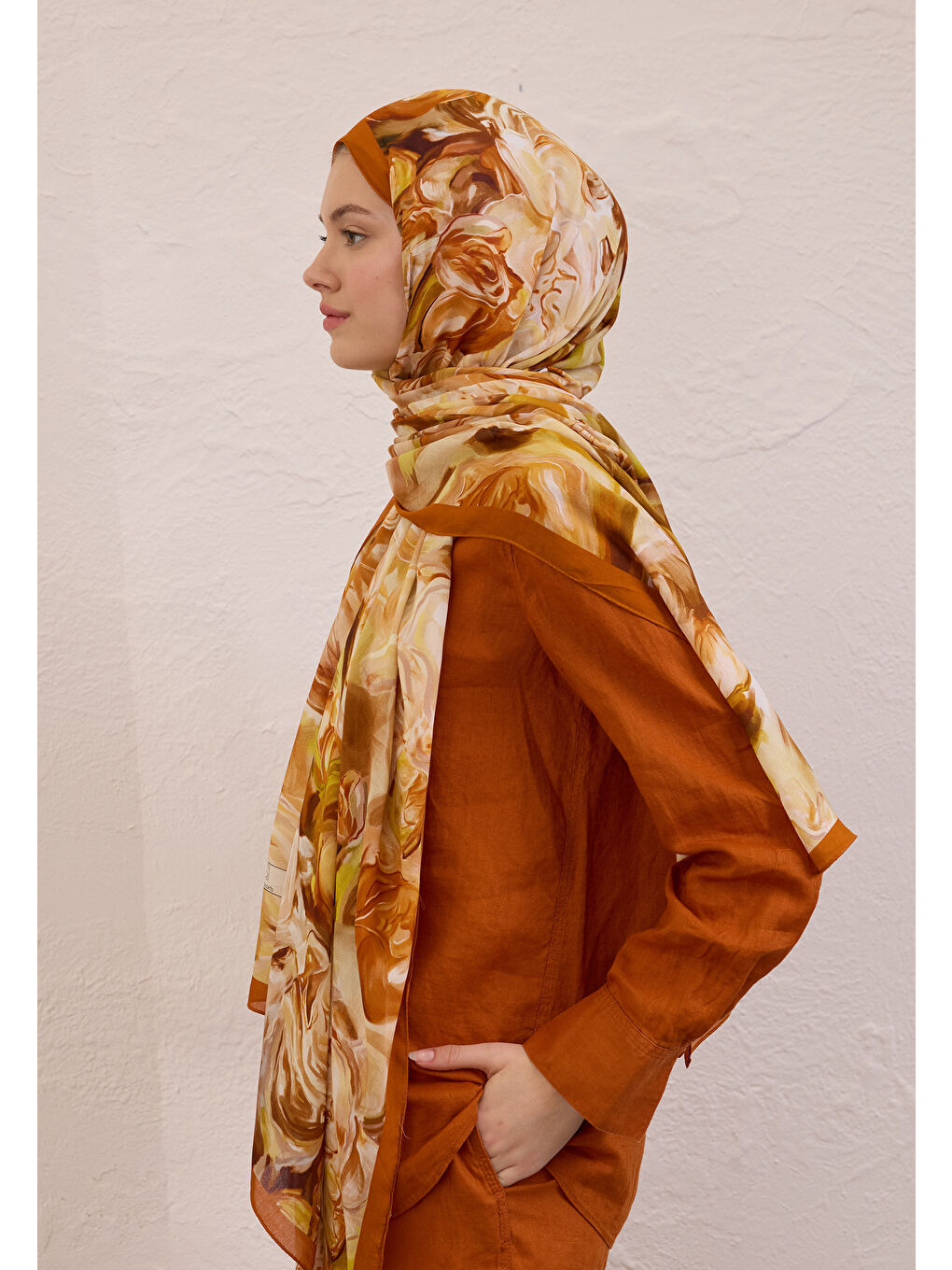 Kahverengi Nerıssa Desen Rami Şal Kiremit-3