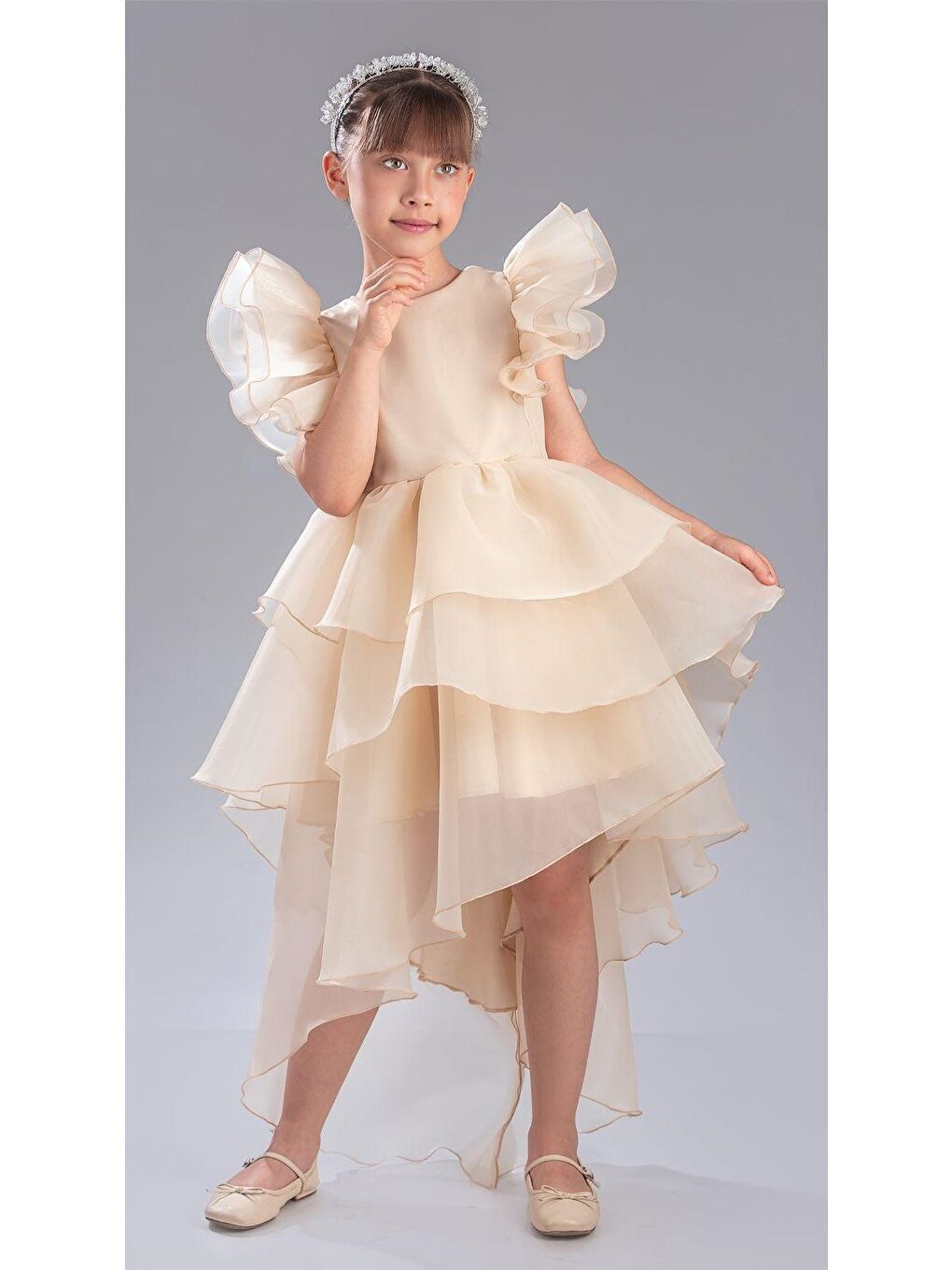 Ekru Kız Çocuk Kuyruklu , Taçlı Vragia Abiye Elbise M00745