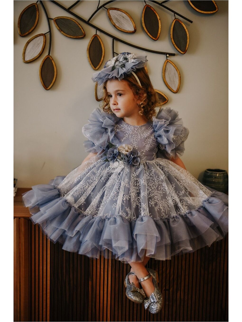 Mavi Kız Çocuk Taç Aksesuarlı Prenses Elbisesi