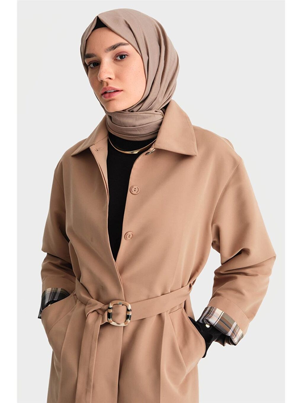 Kahverengi Kolu Açılan Ütü İzli Trençkot 24K7515 Camel-2