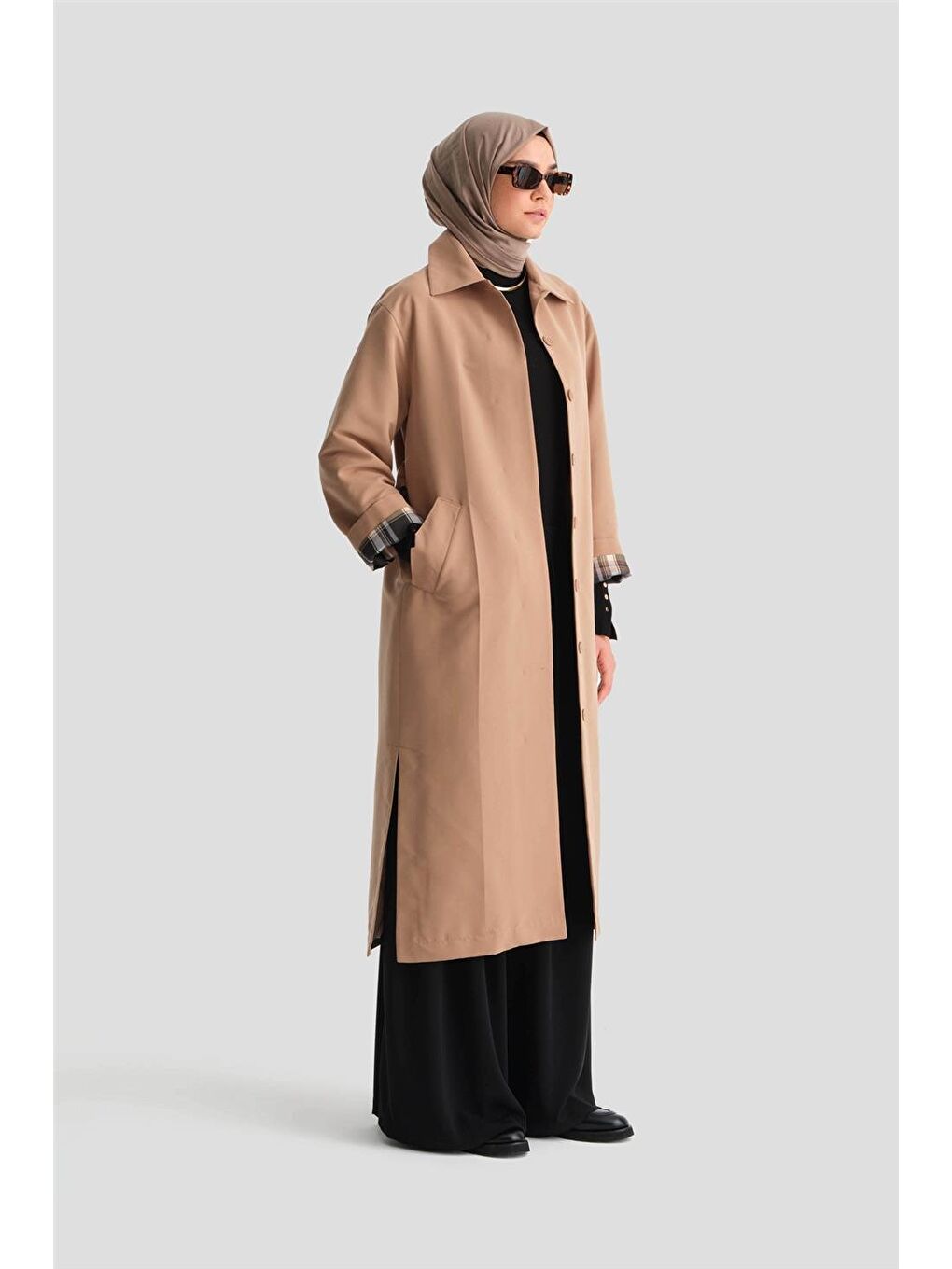 Kahverengi Kolu Açılan Ütü İzli Trençkot 24K7515 Camel-3