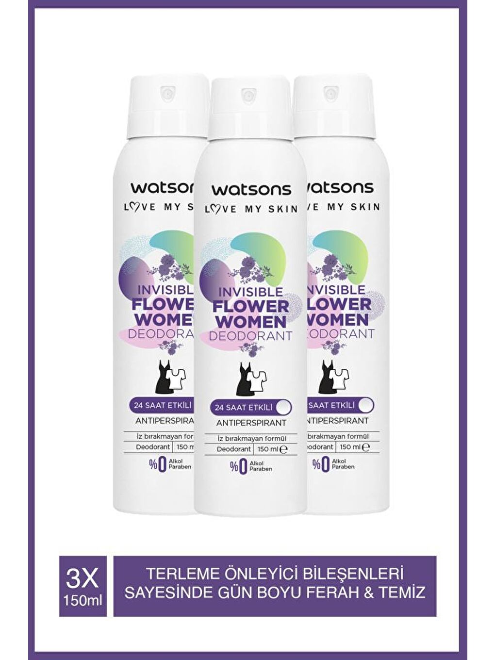 Watsons Açık Bej Invisible Flower 24 Saat Etkili Kadın Deodorant 150 ml x 3 ADET