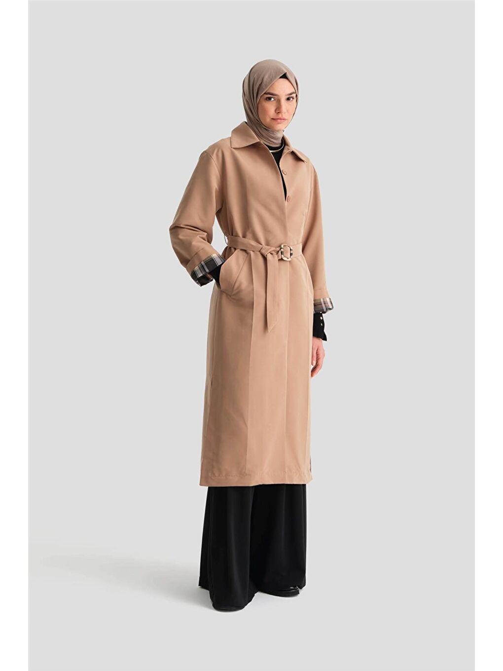 Kahverengi Kolu Açılan Ütü İzli Trençkot 24K7515 Camel-4
