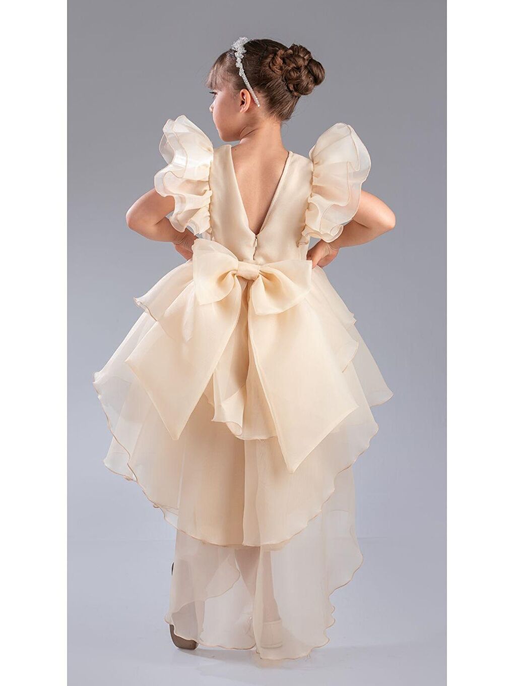 Ekru Kız Çocuk Kuyruklu , Taçlı Vragia Abiye Elbise M00745-1
