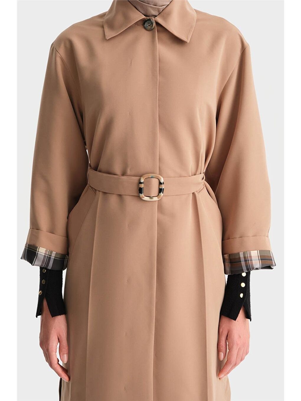 Kahverengi Kolu Açılan Ütü İzli Trençkot 24K7515 Camel-5