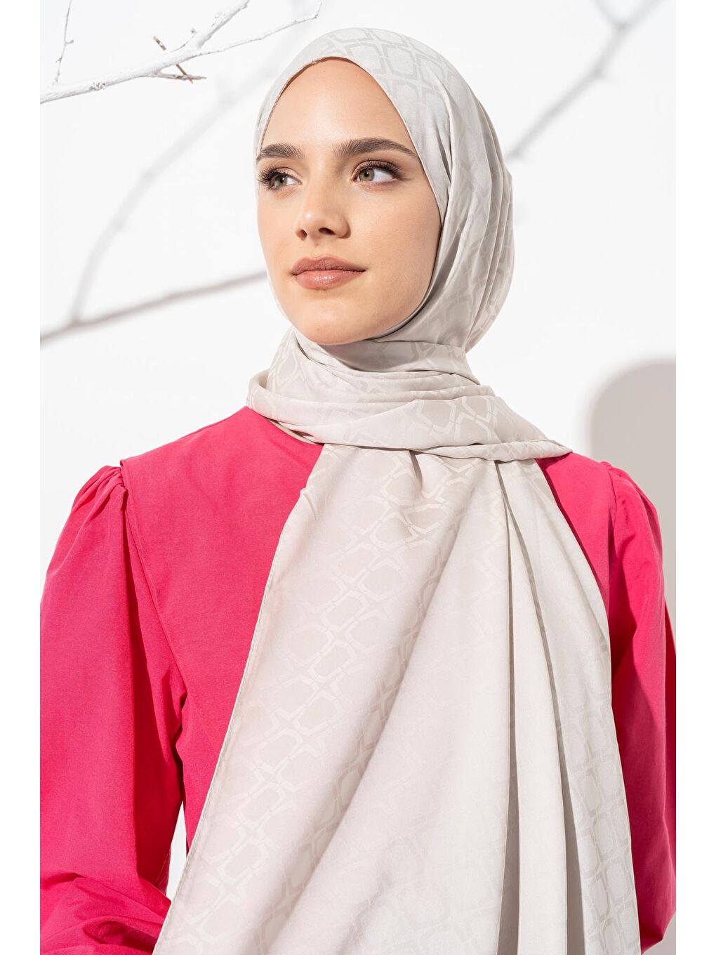 Bej Kadın Geometrik Desen Jakarlı Şal-1