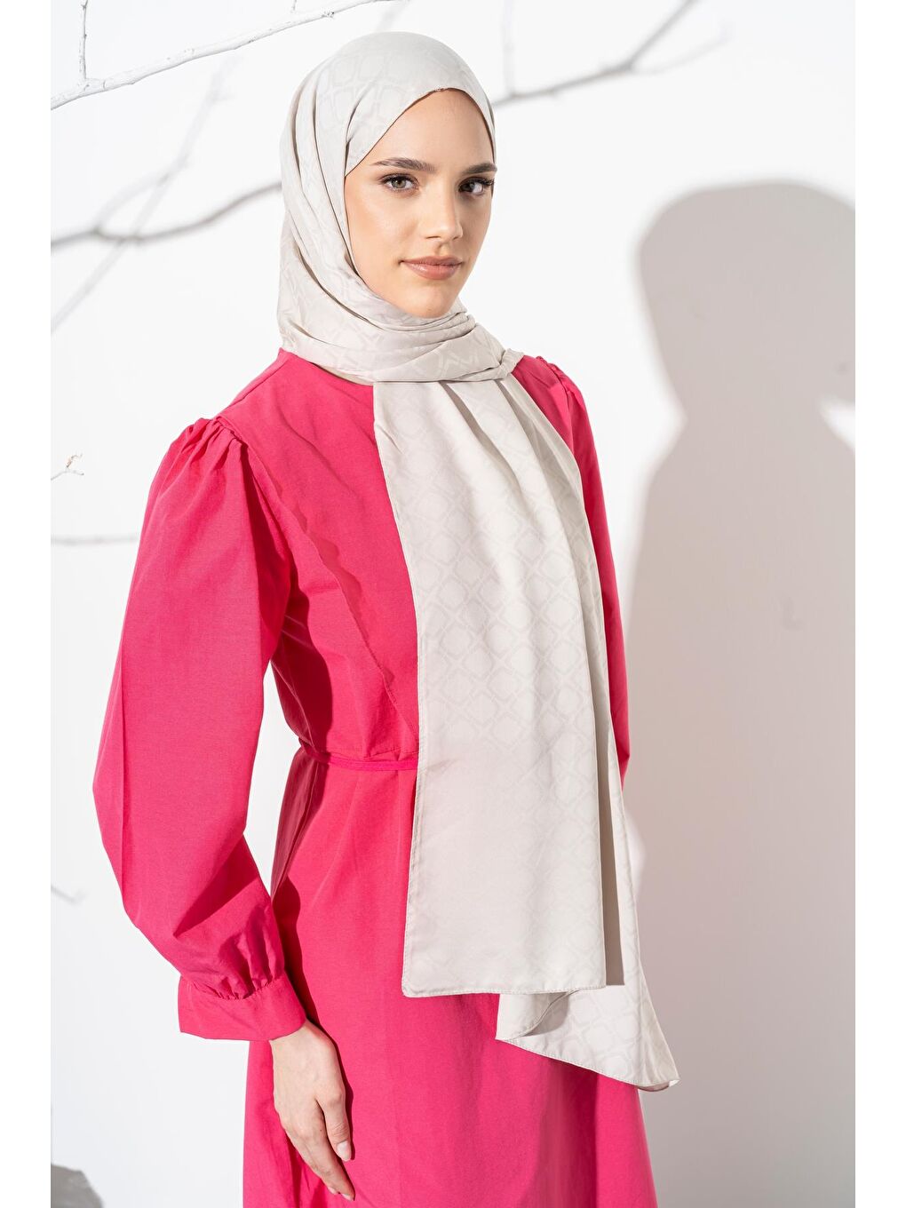 Bej Kadın Geometrik Desen Jakarlı Şal-2