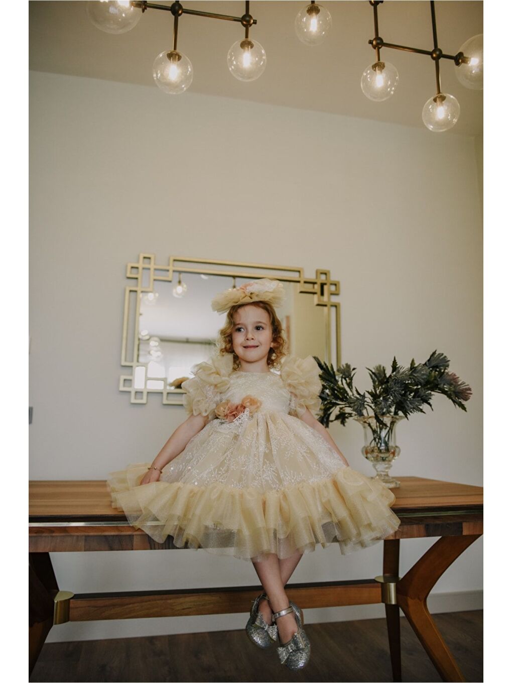 Sarı Kız Çocuk Taç Aksesuarlı Prenses Elbisesi-1