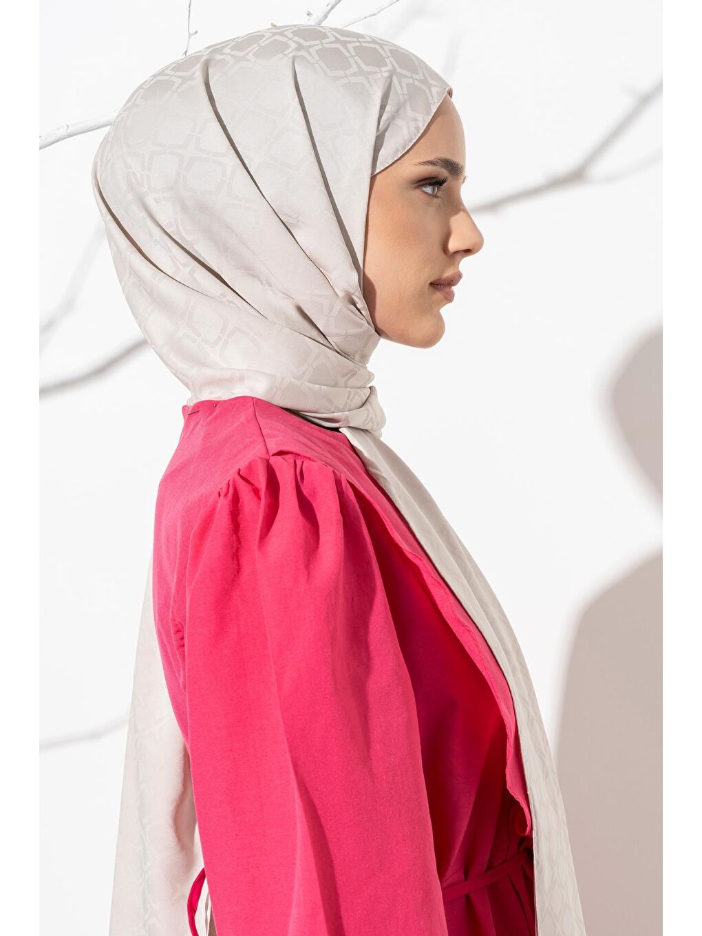 Bej Kadın Geometrik Desen Jakarlı Şal-3