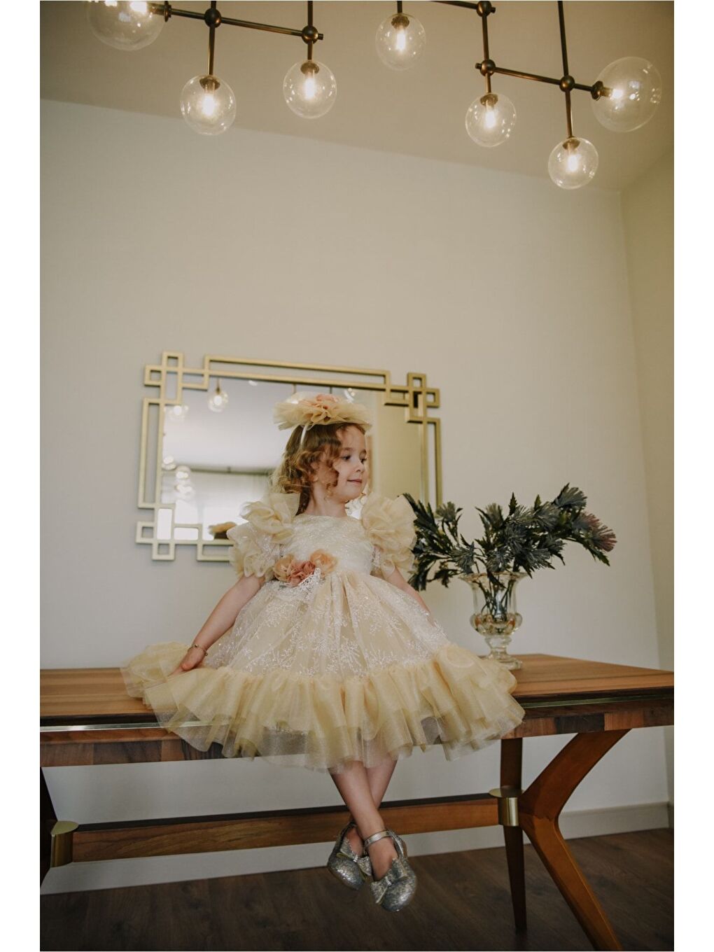 Sarı Kız Çocuk Taç Aksesuarlı Prenses Elbisesi-2