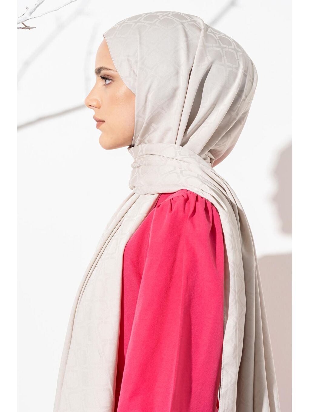 Bej Kadın Geometrik Desen Jakarlı Şal-4