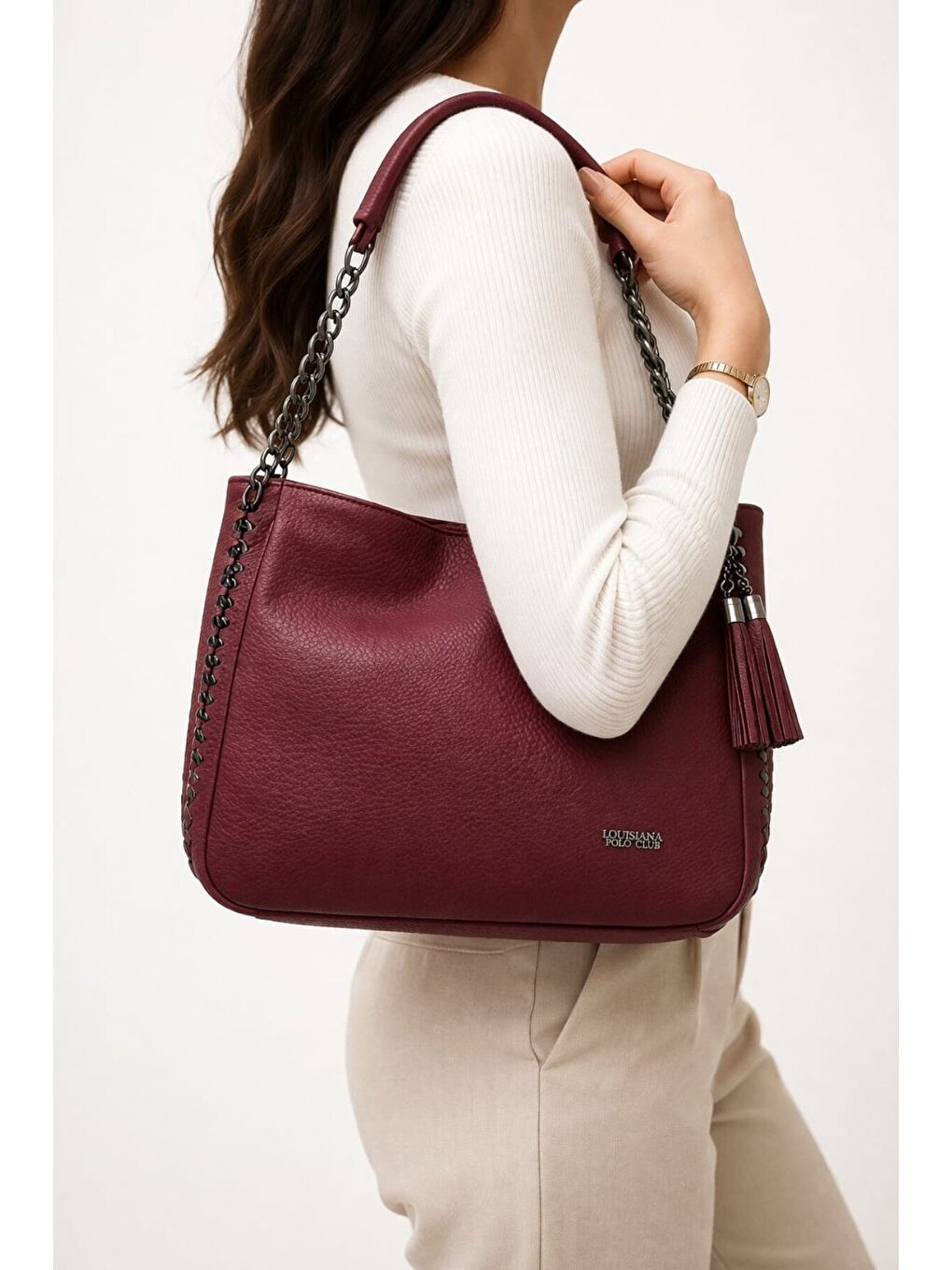 Bordo Kadın Hakiki Deri Görünümlü Zincir Askılı Omuz Çantası 12652-1