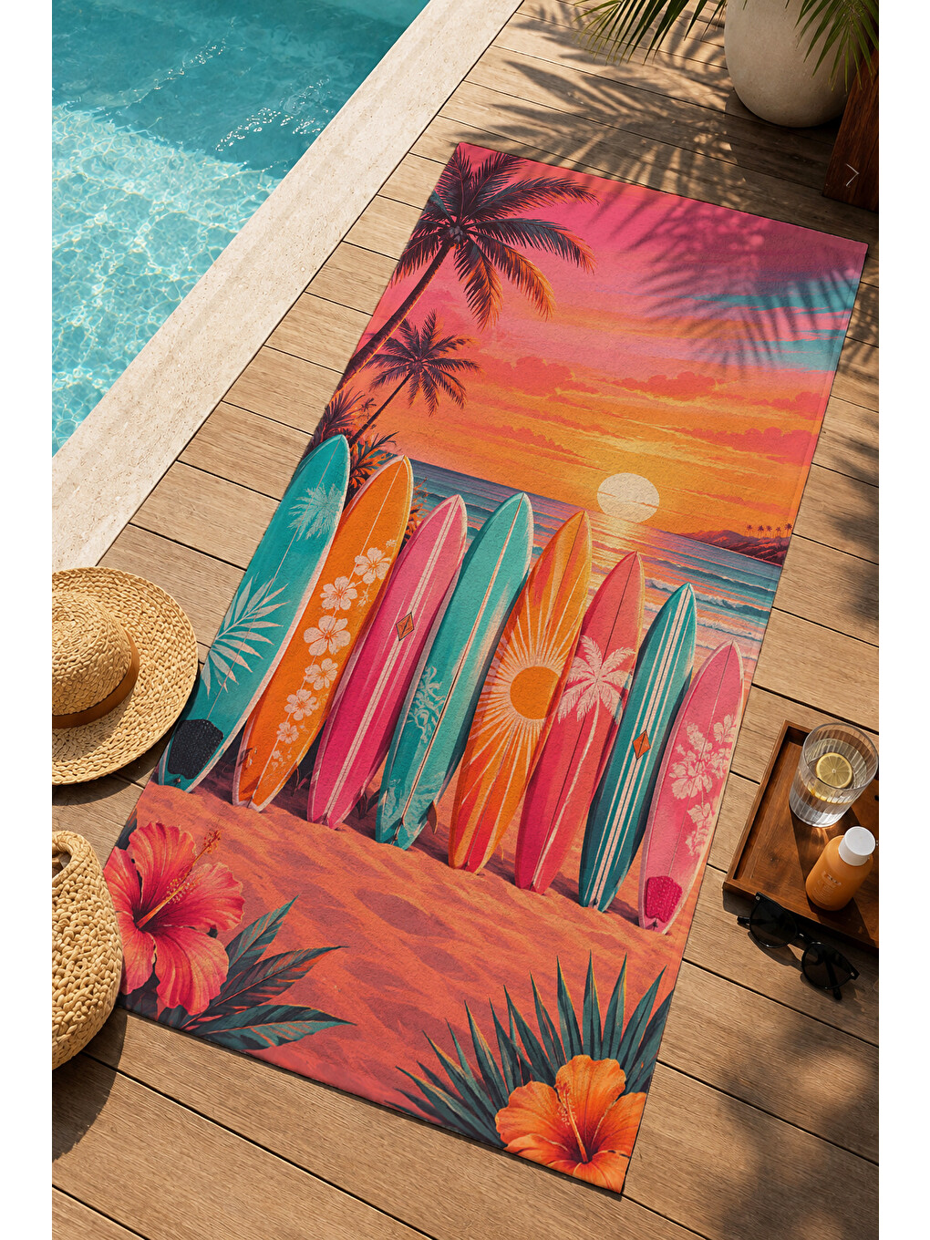 Turuncu Retro Tropikal Sörf Tahtaları Akşam Işığı Desenli 70x150 Plaj Havlusu - Pamuklu Banyo Havlusu-1