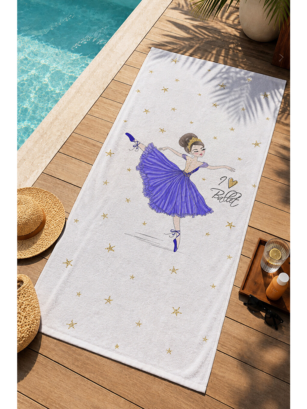 Masalsı Mor Elbiseli Kız Kelebek Yıldızlı Desenli 70x150 Plaj Havlusu - Pamuklu Banyo Havlusu-2