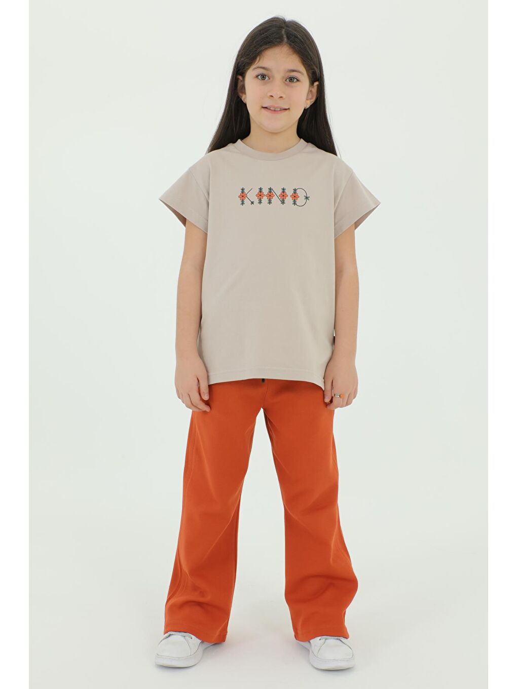 Bej Bisiklet Yaka Baskı Detaylı Kız Çocuk Alt Üst Takım