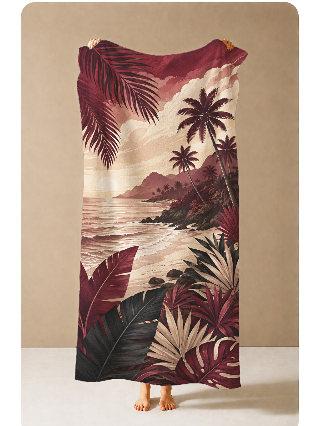 Retro Bordo Tropikal Palmiye Akşam Işığı Sahil Desenli 70x150 Plaj Havlusu - Pamuklu Banyo Havlusu-3