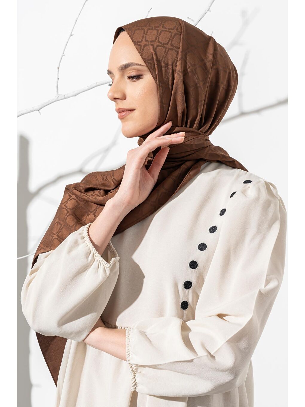 Kahverengi Kadın Geometrik Desen Jakarlı Şal-2